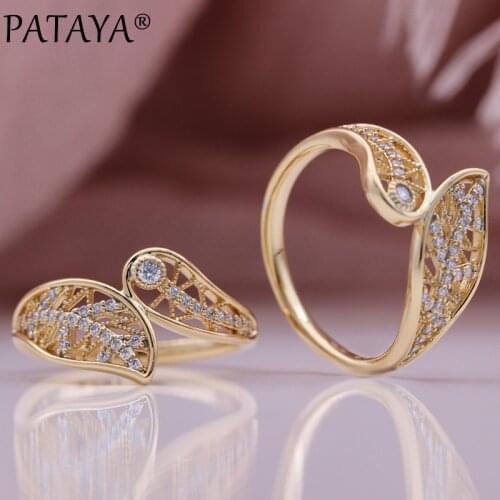 PATAYA New Daily Women Gift Unusual Hollow Rings 585 Rose Gold Unique Leaf Fashion Jewelry Natural Zircon Geometric Party Rings