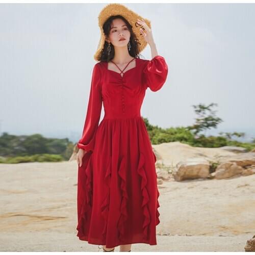Women Red Vintage Long Dress Spring Summer 2021 Long Sleeve Retro Elegant Runway Slim Party Vacation Ethnic Ruffles Dresses New