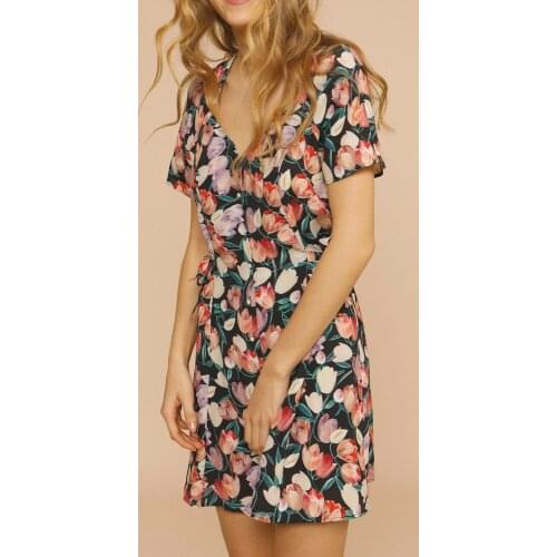 Women Tulip Print V-Neck Mini Dress Lady Slim Lace-up Short-Sleeved Holiday Single-Breasted Dresses Sweet Outfit 2021 New