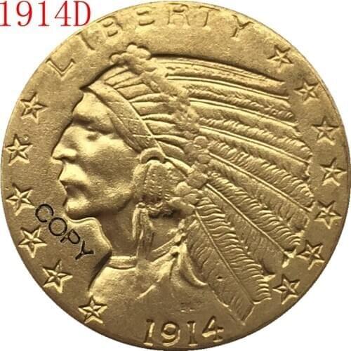 24-K gold plated 1914-D $5 GOLD Indian Half Eagle Coin Copy