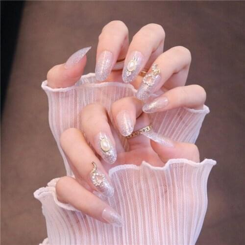 24Pcs/Set Fake Nails Silver Glitter Rhinestone Wear Long Paragraph Fashion False Nails DIY Nail Art Decoration For Manicures