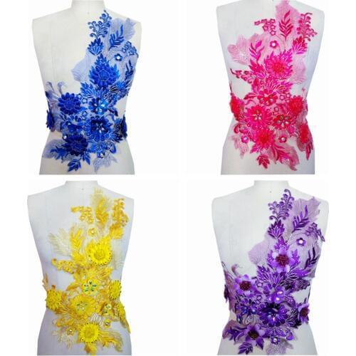 8 colour 3D Three-dimensional embroidery lace flower patch rhinestones applique for dress