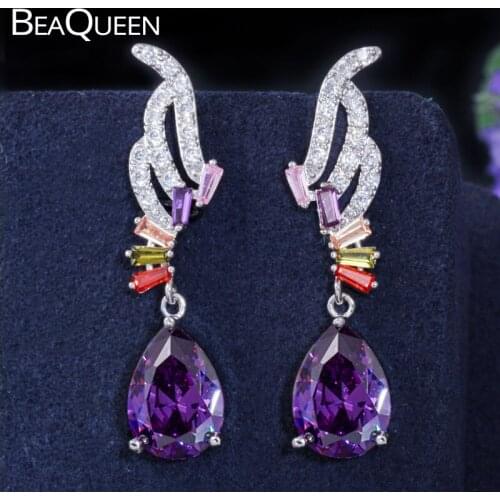 BeaQueen Stylish Wings Shape Multicolor Cubic Zirconia Paved Purple Water Drop Long Dangle Earrings Women Fashion Jewelry E323