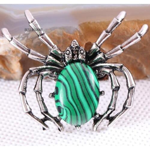 Spider Brooch Natural Stone Green Malachite CAB Cabochon Bead Pendant for Men Women DIY Jewelry Making 1Pcs K710