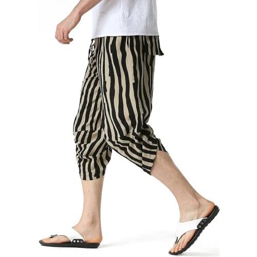 Fashion Striped Print Men Joggers Sweatpants 2021 Summer New Cotton Linen Cropped Trousers Men Hip Hop Streetwear Jogging Pants