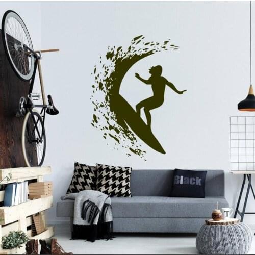 Girl Surfing On The Sea Waves Silhouette Wall Sticker Surfer Woman Surfing With Surfboard Cool Extreme Sport Wall Mural Y-944