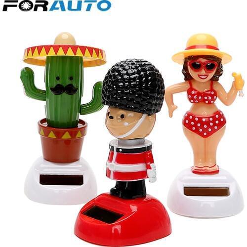 FORAUTO Car Ornaments Solar Powered Dancing Shaking Head Auto Dashboard Decoration Soldier Unicorn Cactus Car Accessories