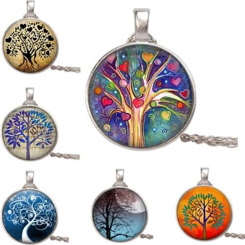 Tree of Life Glass Round Statement Necklace and Pendant Jewelry Vintage Charm Chain Collar Steampunk Jewelry