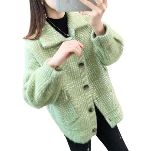 Imitate Mink Cashmere Short Coat Women New Autumn Winter Knitted Sweater Cardigan Jackrt Female lattice Plus Size Outerwea R370