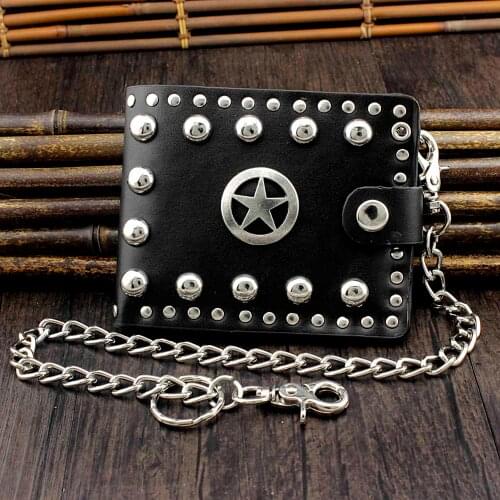 Biker Leather Wallet With Chain Studded Star Cool Men Purse Card Holder