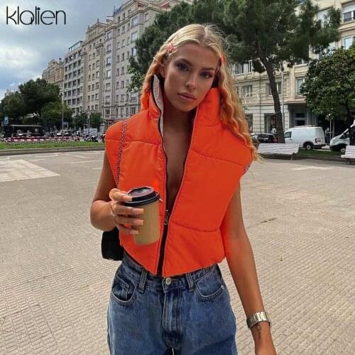KLALIEN Autumn Winter Thicken Warm Cotton Padded Jacket For Women Turtleneck Zipper Vest Jacket Y2K Streetwear Solid Coat