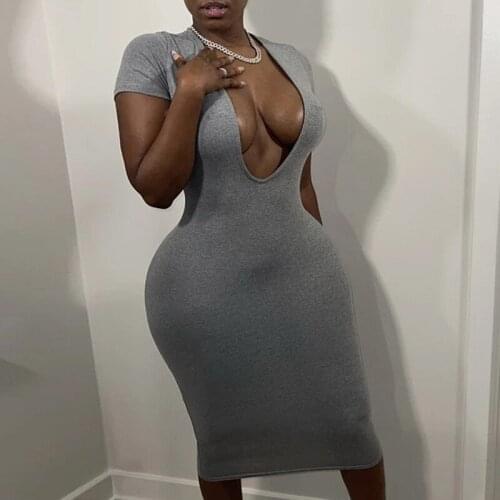 Summer Women Lowcut V Neck Bodycon Dress Solid Color Short Sleeve Slim Vestidos Club Streetwear Sexy Ladies Clothing Gray Black