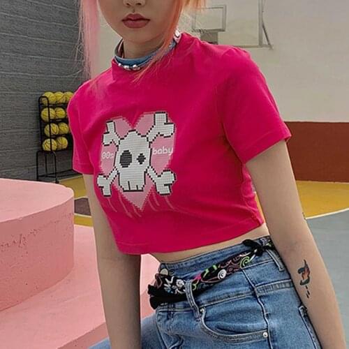 Punk style sweet top cute skull cartoon print kawaii short-sleeved T-shirt streetwear summer vintage Harajuku y2k women T-shirt