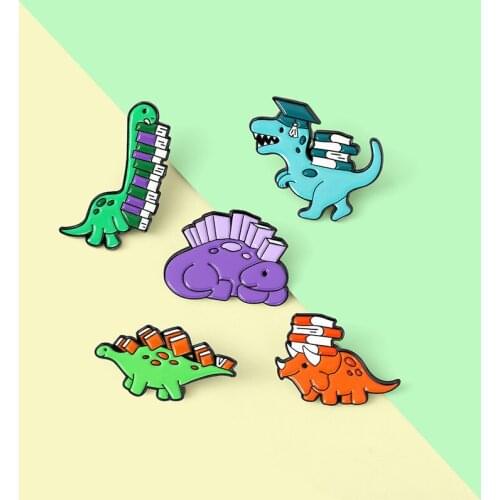Cartoon Dinosaur With Book Learning Brooch Cute Lapel Pins Dinosaur Doctor Brooch Fashion Cartoon Animal Jurassic Book Brooch