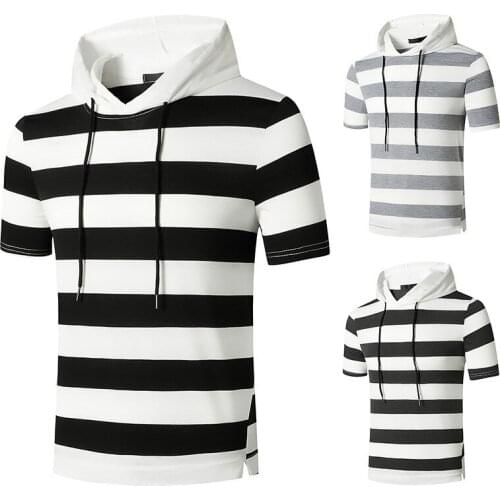 Mens Casual T-shirt Outdoor Daily Hooded Striped Sports Short-sleeved T-shirt