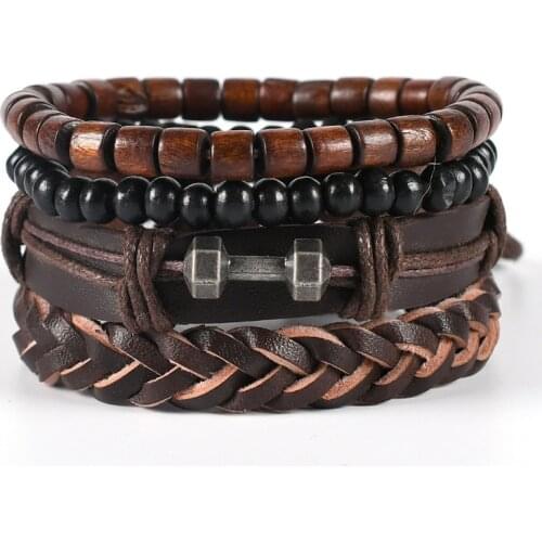 Mens Cowhide Braided Bracelet Alloy Dumbbell Accessories Handmade Brown Leather Bracelet Casual Bracelets for Men Lace-up