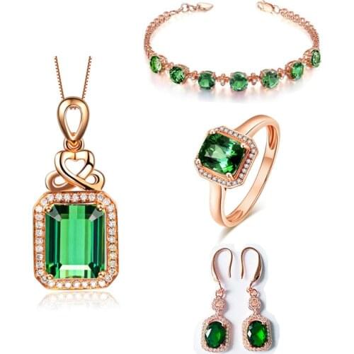 LOYE 18k Gold Vintage Emerald 3A Zircon Jewelry Set Necklace Rings Four Clover Bracelet Earrings for Women Wedding Gift