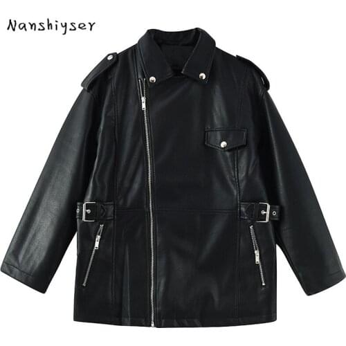 Autumn Oversize Women Handsome Black Washed Faux PU Leather Jacket Loose Vintage Leather Motorcycle Casual Plus size Fashion New