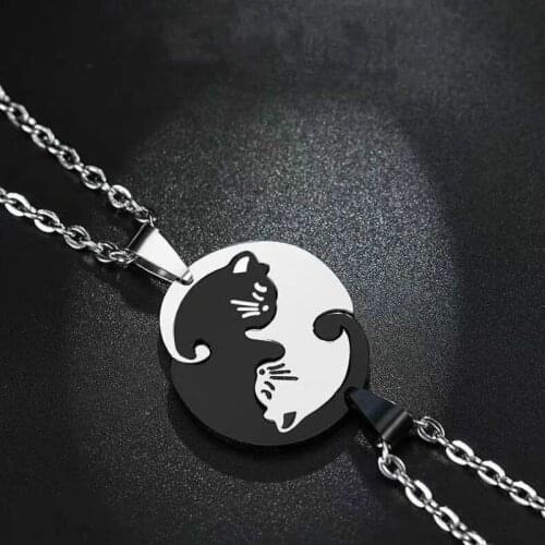 Animal Pendant Black White Cat Stitching Necklace Simple Friendship Gift Heart Shape Gold White Cat Cute Couple Jewelry Necklace