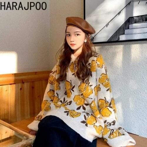 Harajpoo Pullovers Women Autumn Winter New Rose 2021 Korean Style Jacquard Ladies Clothing Loose Thick Bottoming Knit Sweater