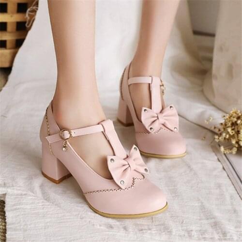 PXELENA Fashion Women T Strap Pumps Butterfly-knot Rivet Wing Tip Brogue Shoes Block High Heels Pink White Beige Plus Size 34-45