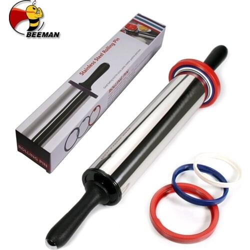 Beeman Rolling Pin Adjustable Stainless Steel Rolling Pin Dough Roller with 3 Removable Thickness Rings for Baking Dough Pizza