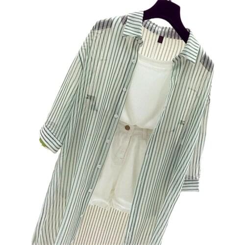 Loose Long Striped Women Shirts 2021 Summer New Turn-Down Collar Long-Sleeved Lady Elegant Shirts Outwear Coat Tops