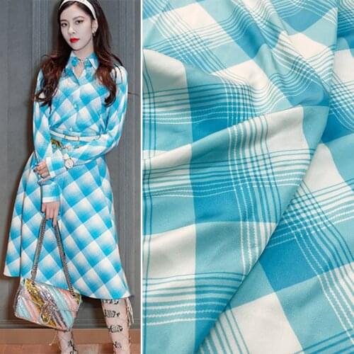 145cm Width Fashion Blue and White Lattice Printed Imitate Silk Satin Fabric For Woman Summer Dress Blouse DIY Sewing Material