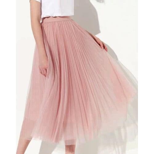 Spring Summer Sweet Pink Long Mesh Skirt Office Lady England Korean Style High Street Elastic Waist Basic Accordion Skirts