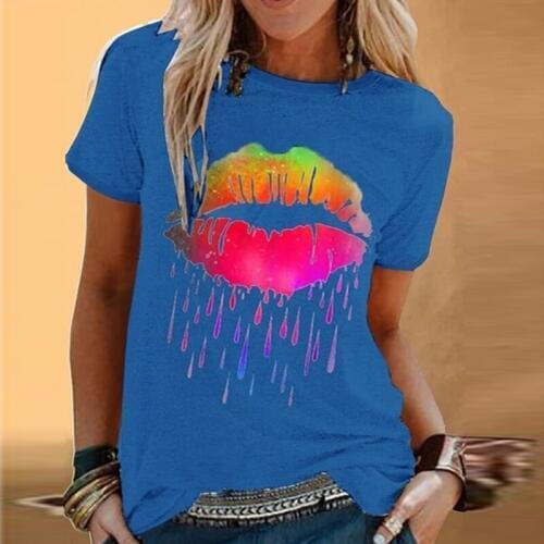 2020 Summer O Neck Short Sleeve Casual Shirts Sexy Lips Daisy Print Women Tops Plus Size 5XL Feminino T Shirt