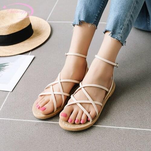 Casual style summer cool sandals fashion narrow band belt buckle beige blue black pink flat with womens shoes big size