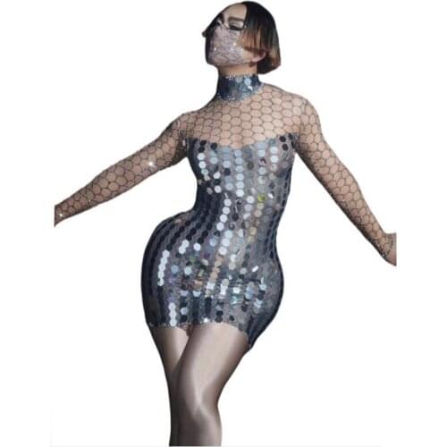 New Prom Party Dress Women Shining Mirror 3D Printing Short Birthday Dresses Bar Dance Show Singer Costume Dress