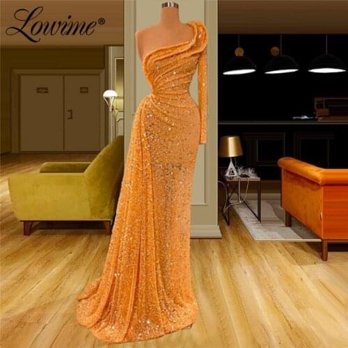 One Shoulder Gold Beading Party Dresses Robe Soiree 2020 Single Long Sleeve Mermaid Prom Dress Abendkleider Dubai Evening Gowns