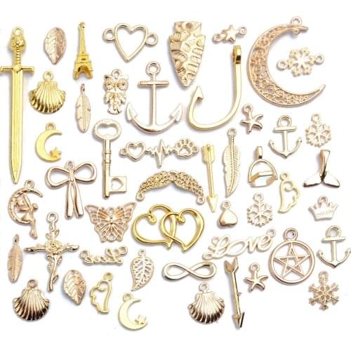 100Gram Assorted Antique Gold Alloy Charms Pendants Beads Charms Chains Connectors for Jewelry Making DIY Accessory Mix 50-70pcs