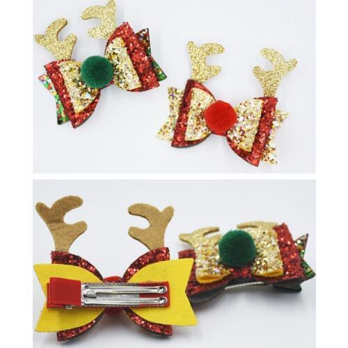New Christmas Hair Accessories Chunky Glitter Bow Hairpins Girls Antler Alligator Hair Clip Child Headdress 12pcs