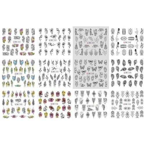 12 Styles Winter style Mixed Nail Sticker Decals leaves feathers Watermark Decals DIY Decorative Nail Slider Wrap Tattoos