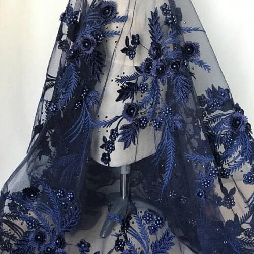 15 Colors Availabel Luxury African Embroidery 3D Floral Handmade Beaded Pearls Tulle Lace Fabric With Rhinestones