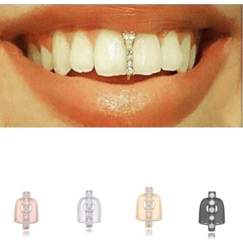 2020 1pc New Hip Hop Gold Teeth Top Crystal Grills Dental Mouth Punk Teeth Caps Cosplay Party Tooth Rapper Funny Jewelry Gift