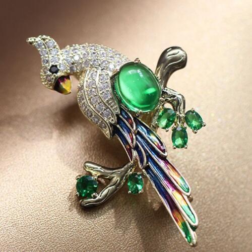 Zlxgirl copper Shape parrot birds Brooches For Women Men Cubic Zircon Wedding Party Jewelry Hijab Pins Clothes Suit Accessories