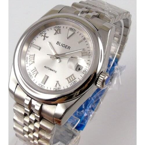 36mm Bliger Brand white Dial Sapphire Glass Polished Case Automatic Movement Mens Watch Bracelet Luminous hands