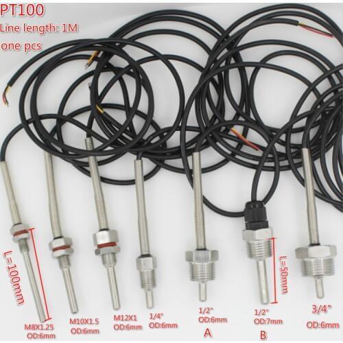 PT100 SUS304 Temperature Sensor G1/2 1/4 3/4 M8X1.25 M10X1.5 M12X1 Thread Probe 1m PVC 3-core Wire Stainless Steell