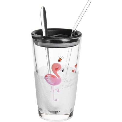 Original Transparent Home Glass With Lid Large Capacity Scale Milk Cup 450ml Flamingo