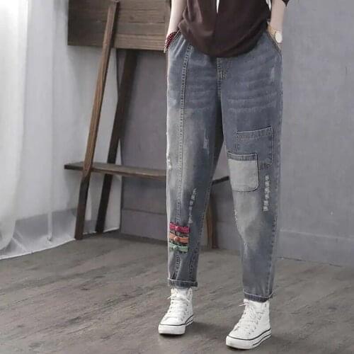 Retro Literary Jeans Women Spring Autumn 2021New Style Buckle Cowboy Pants Female Waist Nine-Point Denim Harem Pants Ladies L259