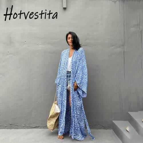 Hotvestita Women Beach Dress Cotton Print Long Sleeve Girdle Summer Holiday Loose Kimono Beach Outer Cover Cardigan Bikini Veil