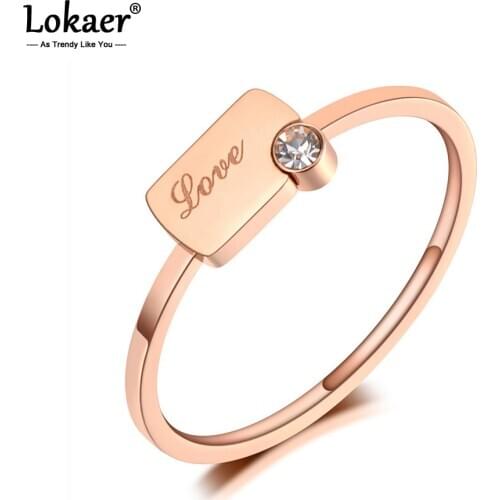 Lokaer Trendy Office Career Style Titanium Stainless Steel Love CZ Crystal Rings Simple Rose Gold Ring For Women Girls R20019