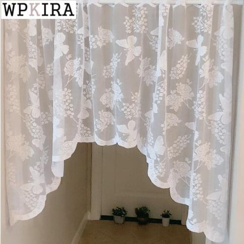 Korean Lace White Half Curtain Butterfly Flower Door Voile Drape Small Window Screen Partition Tulle Short Blinds Z253#D