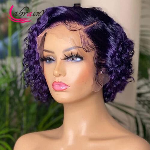 Kinky Curly Purple Pixie Short Cut Bob Swiss Transparent Lace Frontal Human Hair Wigs Blue Colored Wig Woman Pre Plucked 13X2