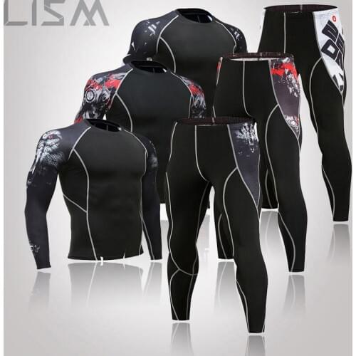 Mens Quick-Drying Sportswear Compression Clothing Fitness Training Suit Thermal Underwear Leggings MMA Rashgard Sports Suit