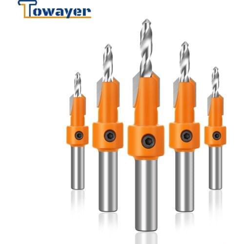 Towayer 1Pcs/5Pcs 8mm Shank HSS Woodworking Countersink Router Bit Set Screw Extractor Remon Demolition for Wood Milling Cutter