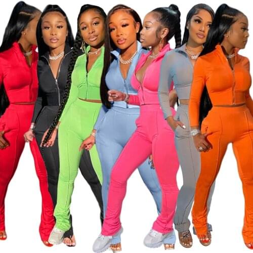 2021 Two Piece Leisure Solid Color Sports Suit